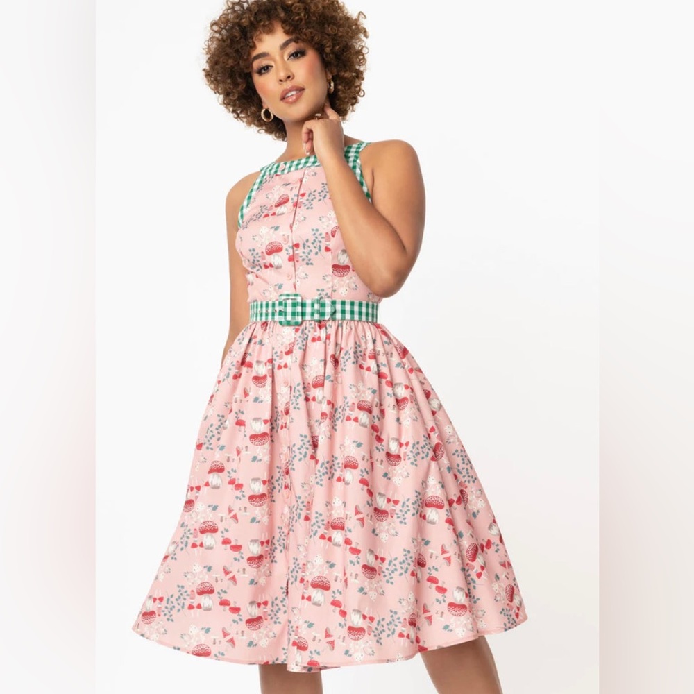 Unique Vintage Mushroom Pink Gingham Swing Dress